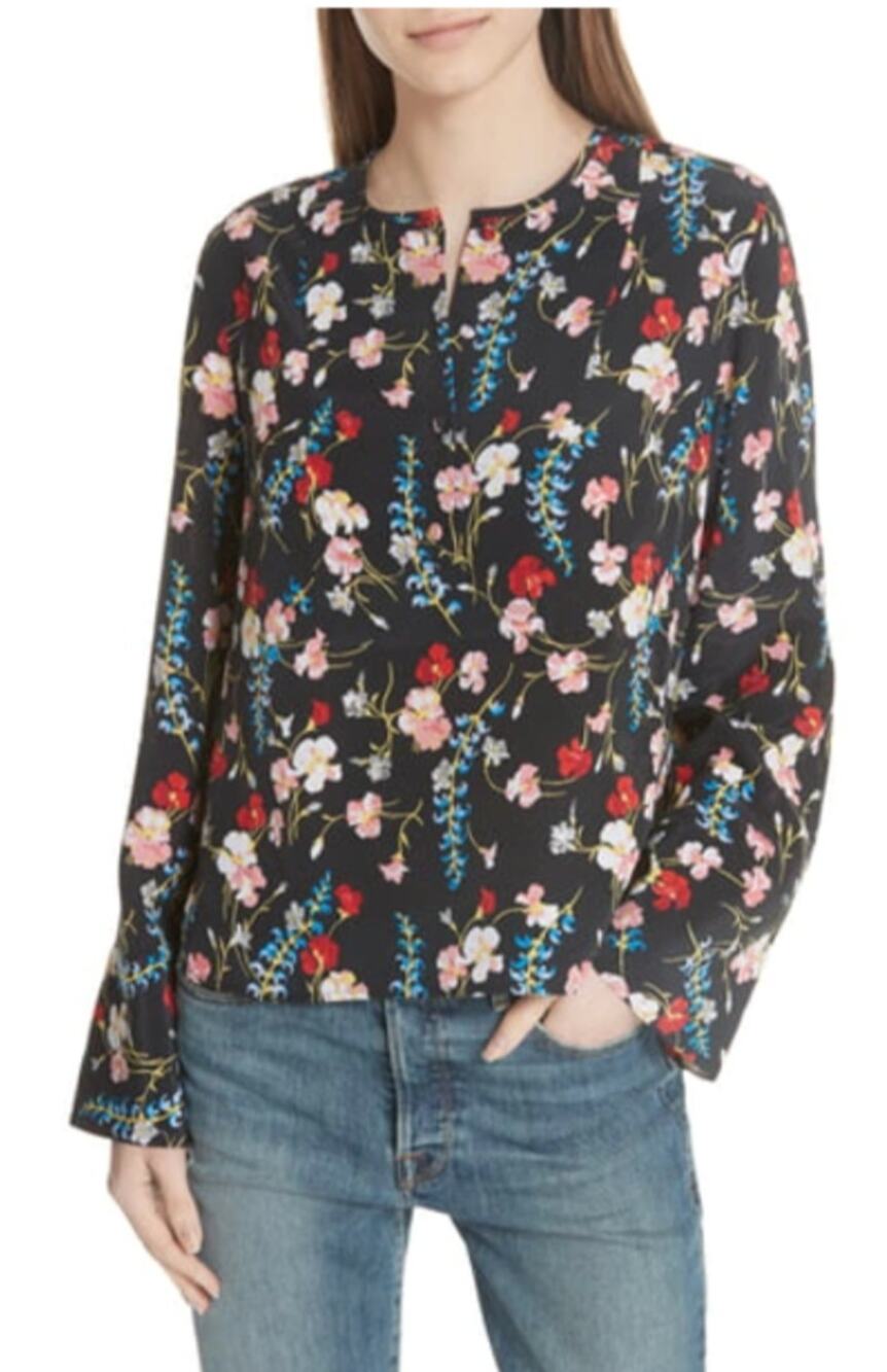 Equipment Heather Flare-sleeve Floral Silk Blouse In Eclipse Multi Size M Medium